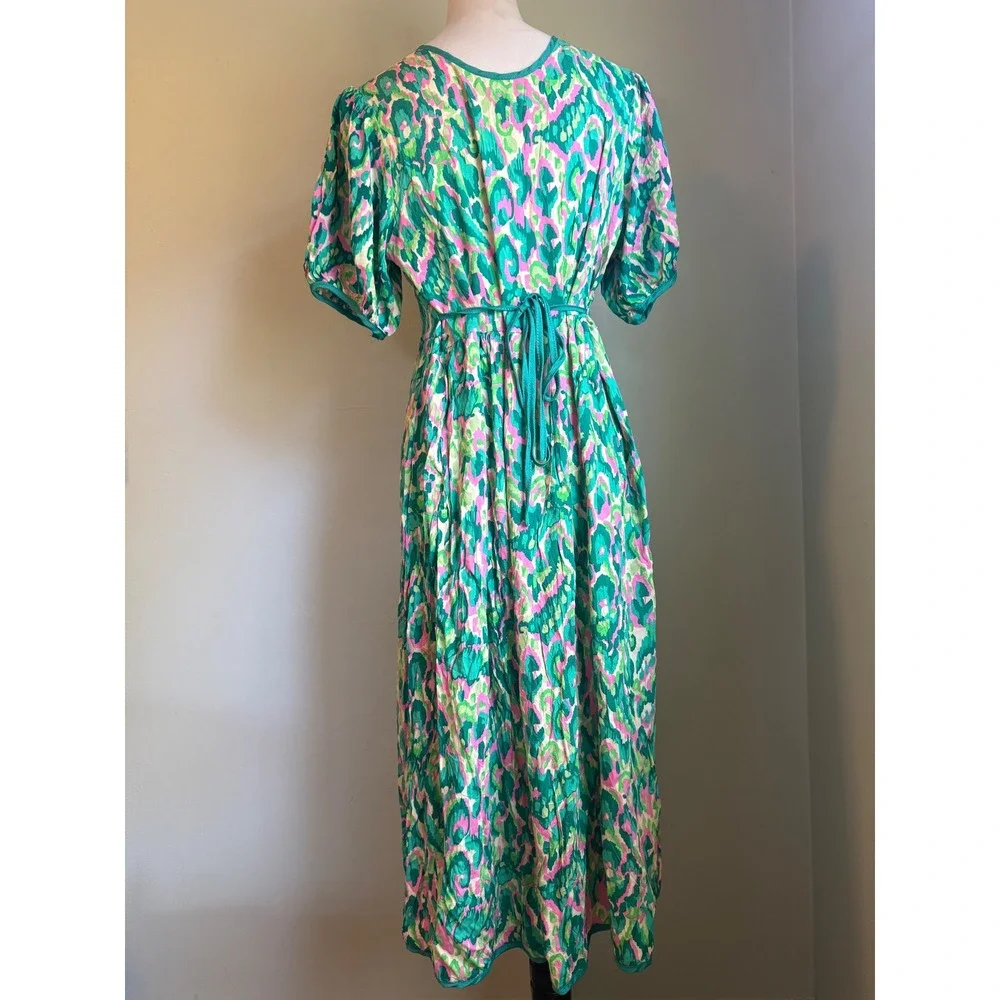 Green Pink Midi Dress Keyhole boho cottage whimsi fairy Y2K  Puff Sleeve Rayon L - Picture 5 of 7